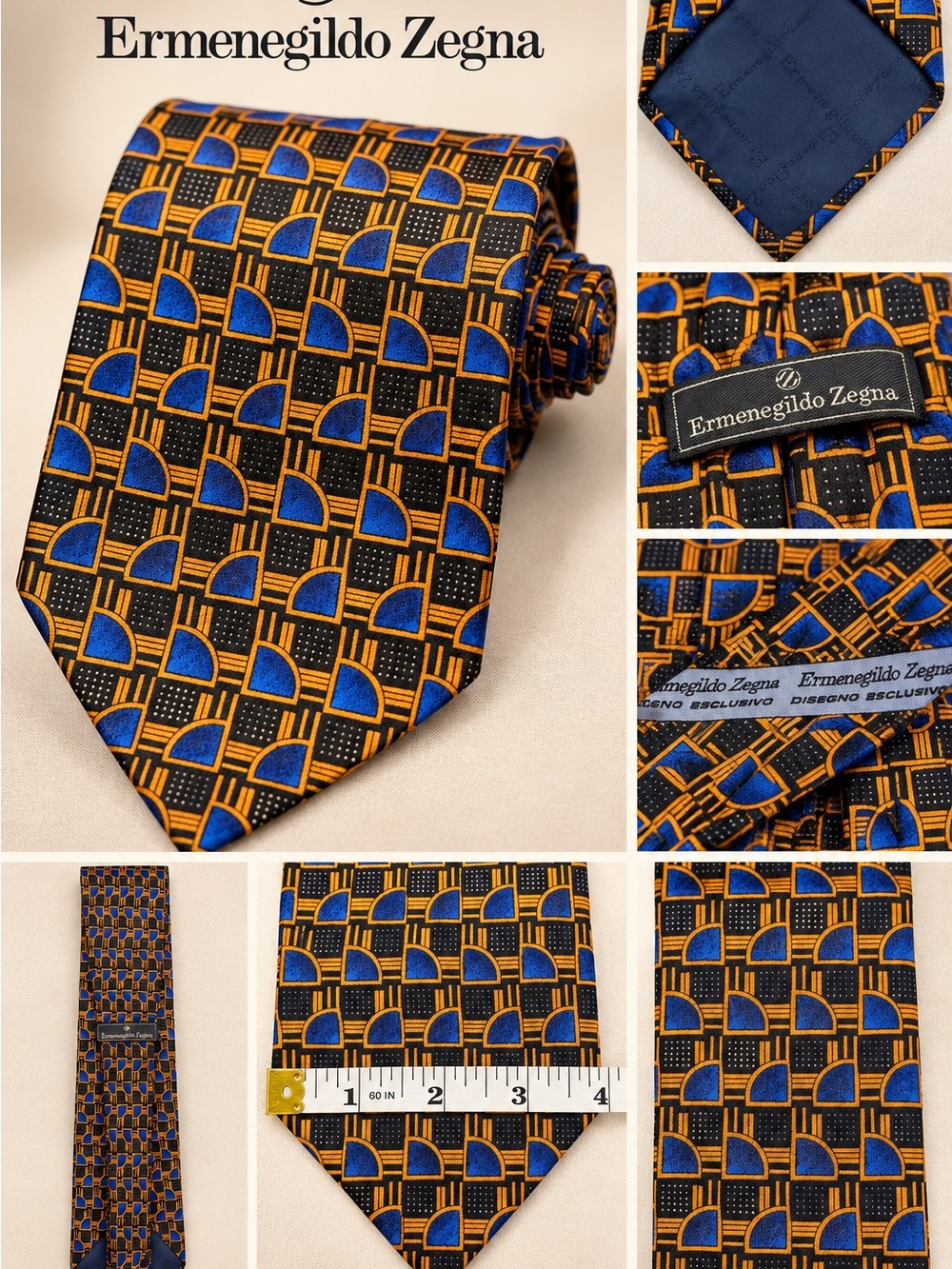 Ermenegildo Zegna Silk Tie Blue Black Gold Geometric Pattern